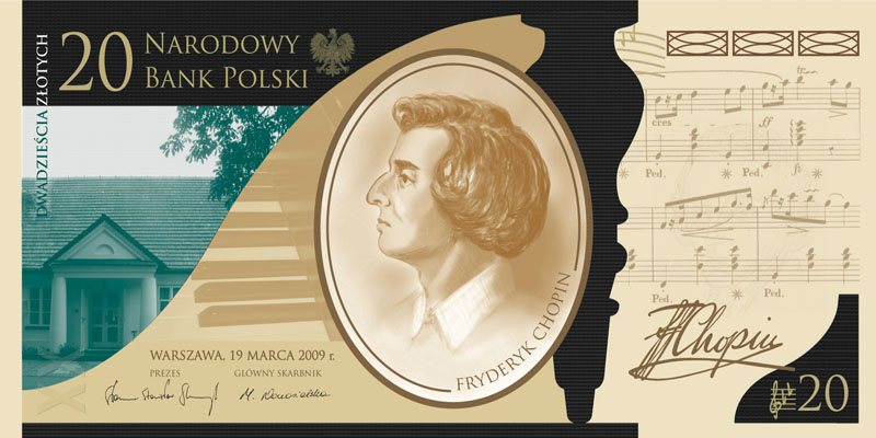 Памятная банкнота в 20 злотых с изображением Ф.Шопена