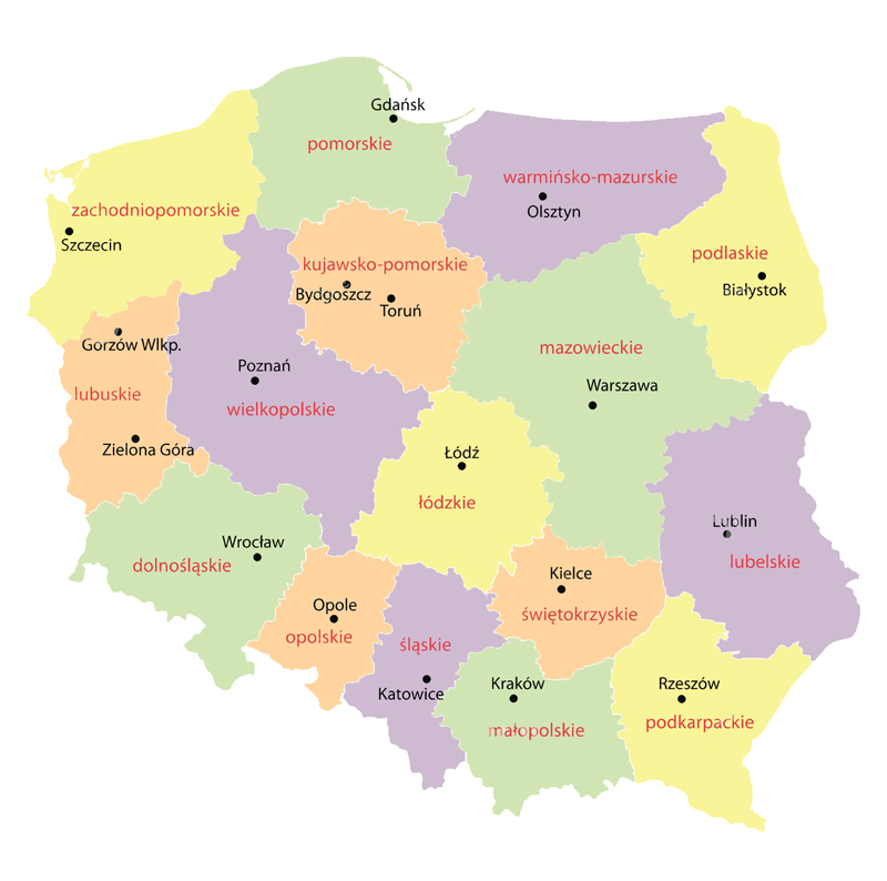 Карта воеводств Польши со столицами