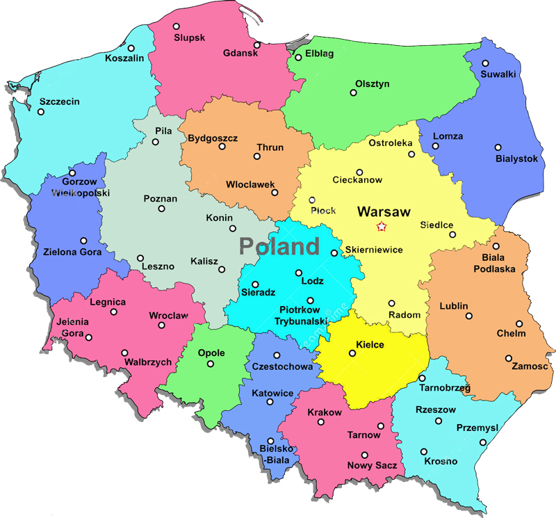 Карта воеводств Польши с крупными городами