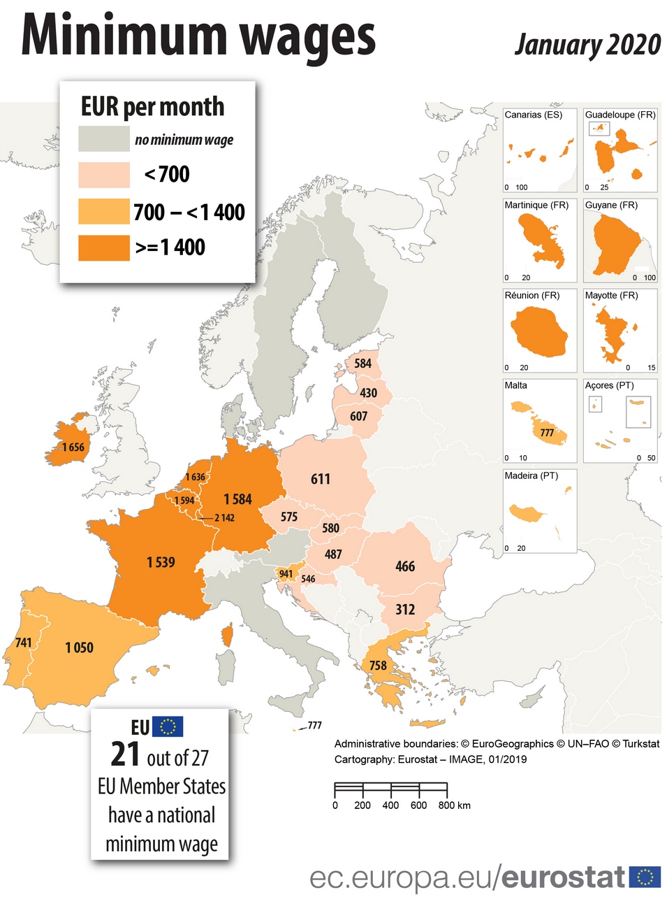 Минимальная заработная плата в странах Европы на 1 января 2020 года